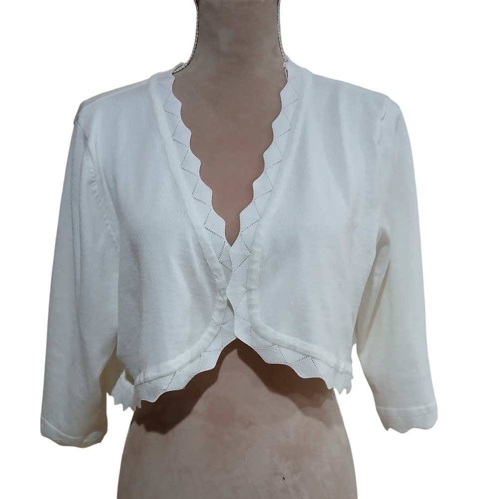 Kancy Kole 2x White Scalloped Cropped Bolero Cardigan Shrug 3/4 Sleeve